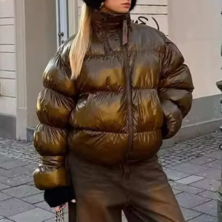 Women's Stand Collar Double Zipper Bread Coat Loose Solid Color Warm