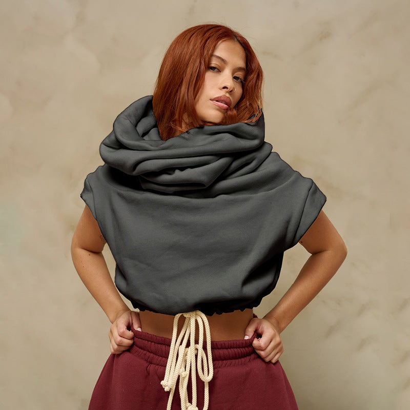 Women's Clothing Autumn Winter Solid Color Casual Large Collar Sleeveless Contrast Color Drawstring Hooded Sweater Top
