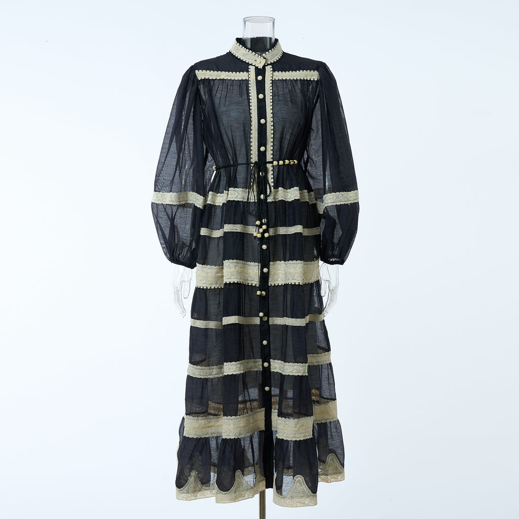Autumn Long-Sleeve Lace Patchwork Striped Dress