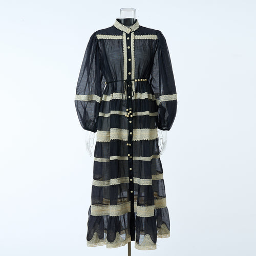 Women Autumn Long Sleeve Lace Patchwork Striped Dress