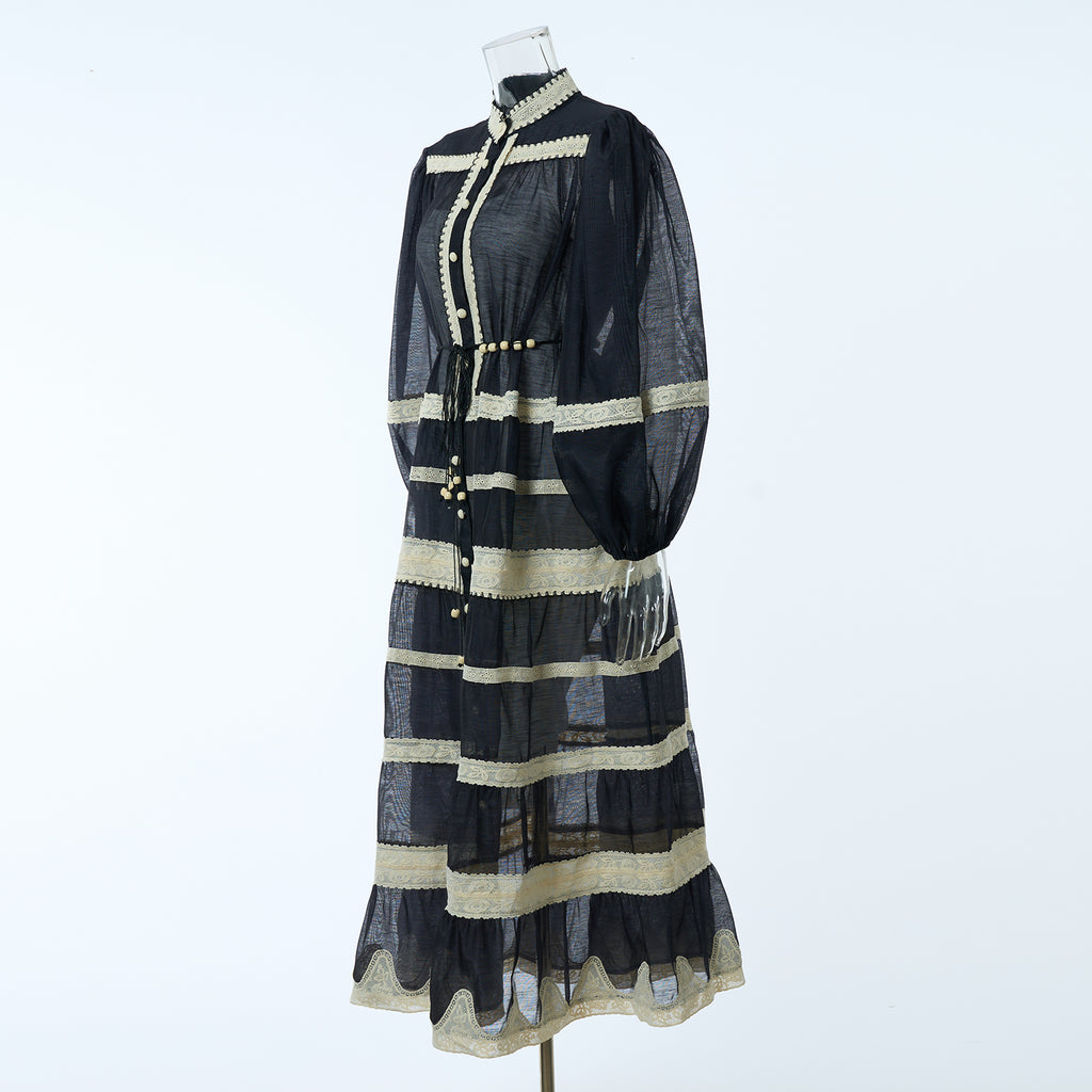 Autumn Long-Sleeve Lace Patchwork Striped Dress