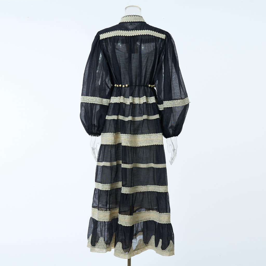 Autumn Long-Sleeve Lace Patchwork Striped Dress