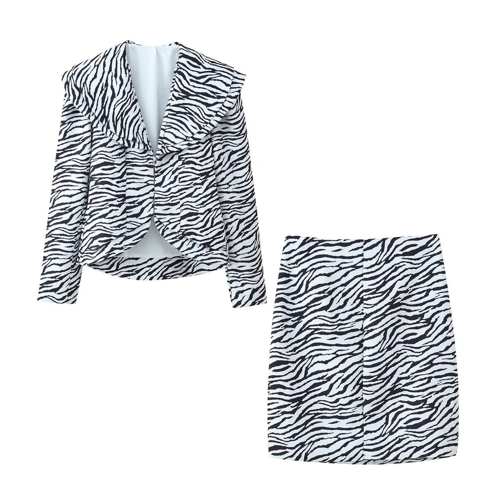 Women's Zebra Pattern Twill Blazer and Skirt Two-Piece Set