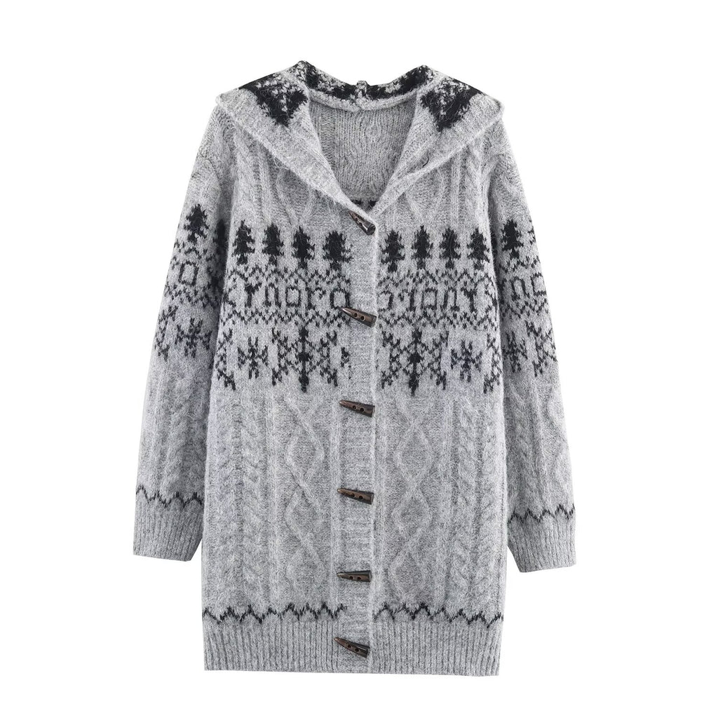 Women's Saw Wear Stylish Simple Hooded Horn Button Knitted Jacket