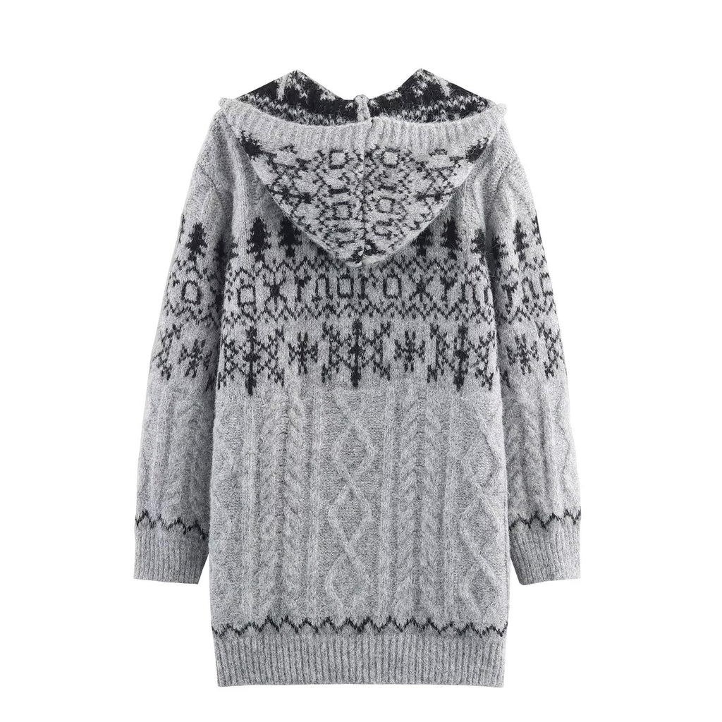 Women's Saw Wear Stylish Simple Hooded Horn Button Knitted Jacket