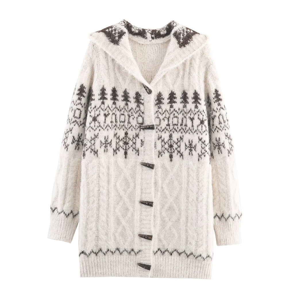 Women's Saw Wear Stylish Simple Hooded Horn Button Knitted Jacket