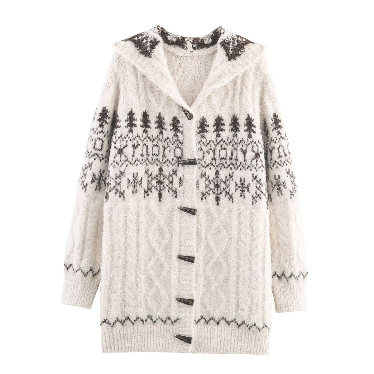 Women's Saw Wear Stylish Simple Hooded Horn Button Knitted Jacket