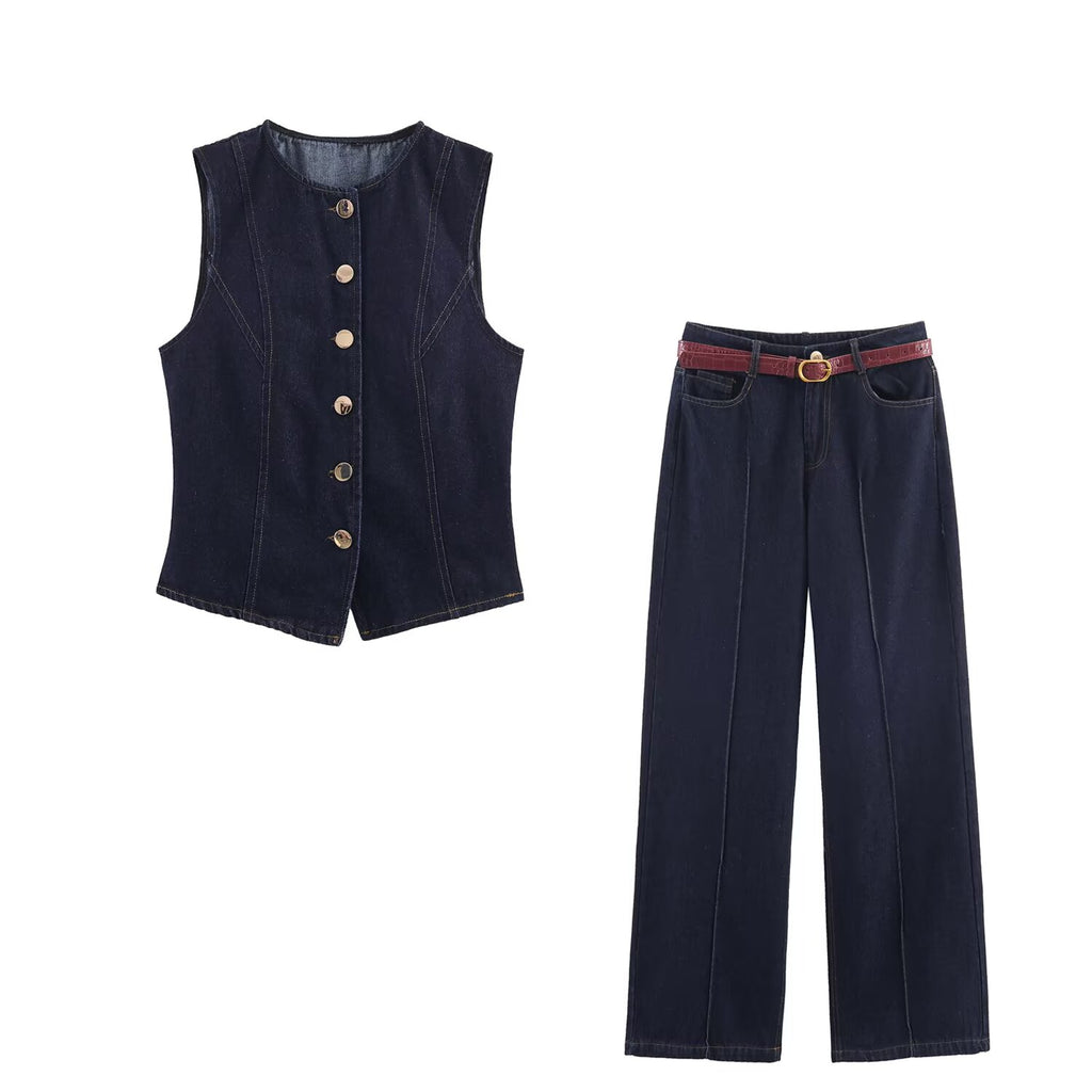 Women's Autumn Women Clothing Casual Denim Vest Belt Pants