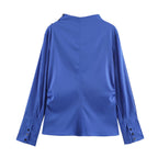 Women's Clothing Fall Retro Blue Pullover Pleated Shirt