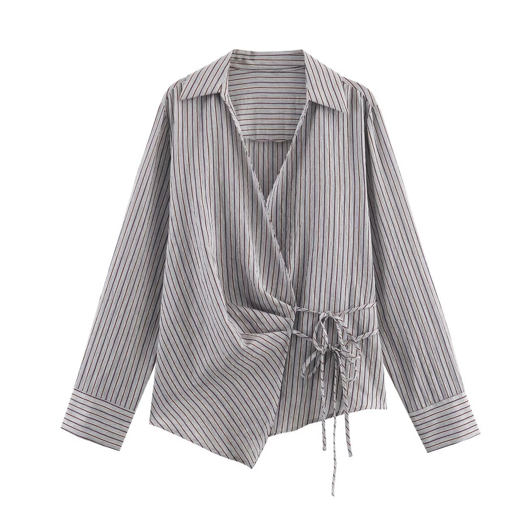 Women's Collared Long Sleeve Double Breasted Striped Bow Shirt Top