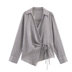Women's Collared Long Sleeve Double Breasted Striped Bow Shirt Top
