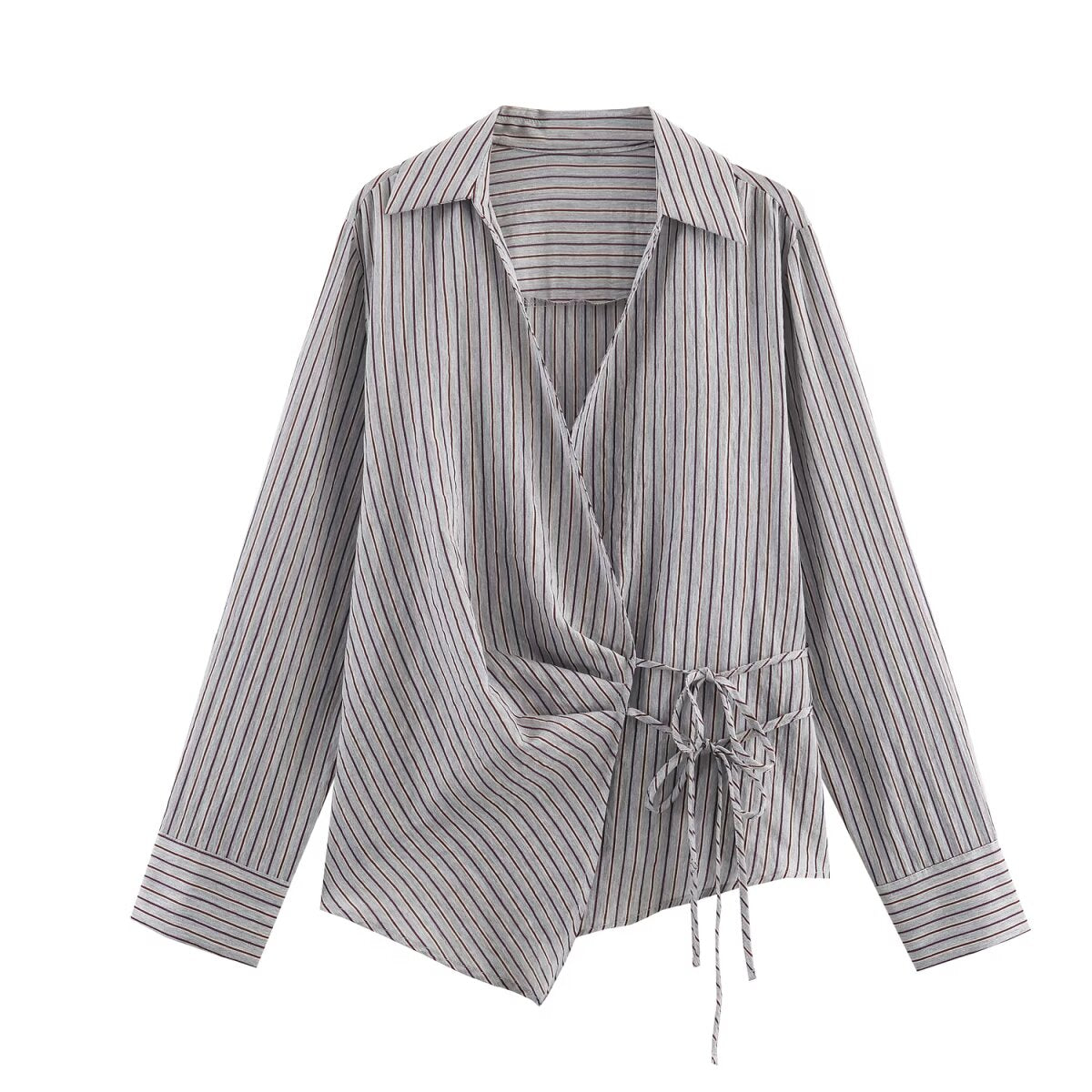 Women's Collared Long Sleeve Double Breasted Striped Bow Shirt Top