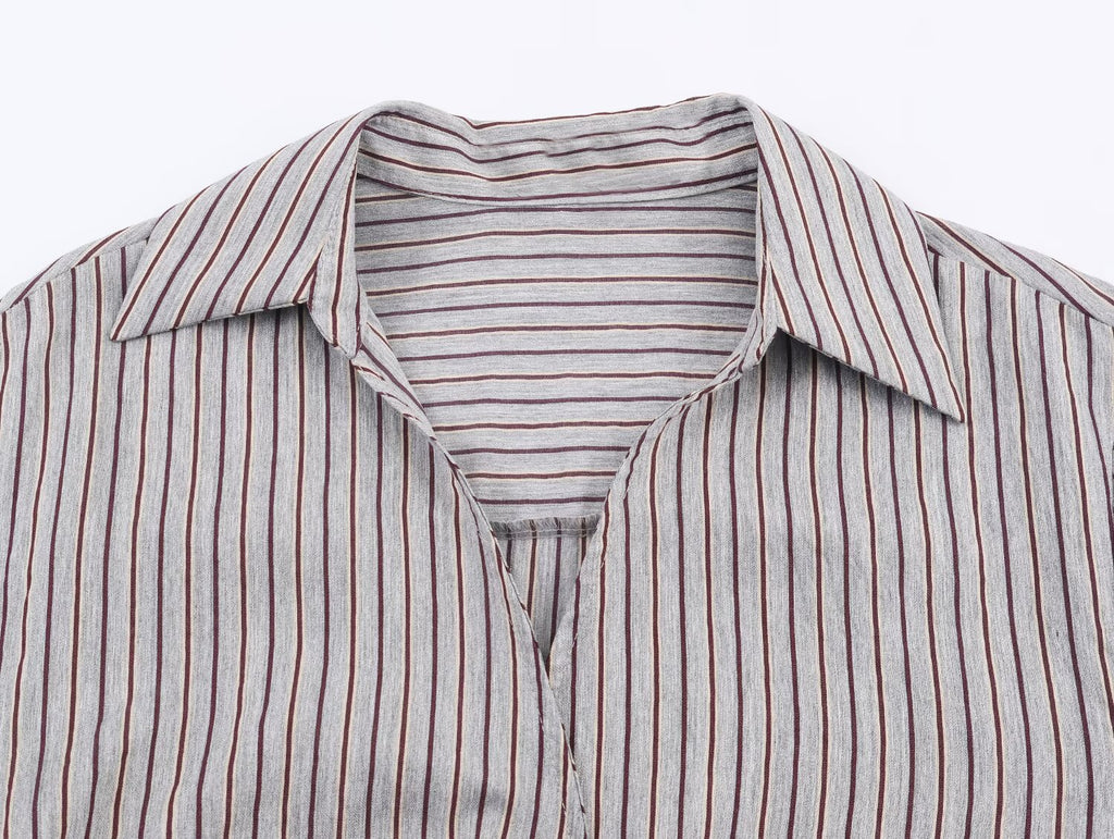 Women's Collared Long Sleeve Double Breasted Striped Bow Shirt Top
