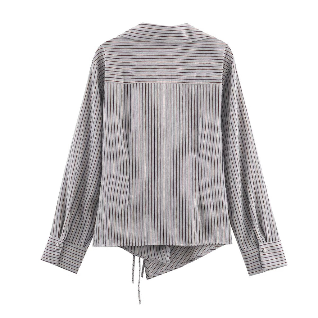 Women's Collared Long Sleeve Double Breasted Striped Bow Shirt Top