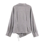 Women's Collared Long Sleeve Double Breasted Striped Bow Shirt Top