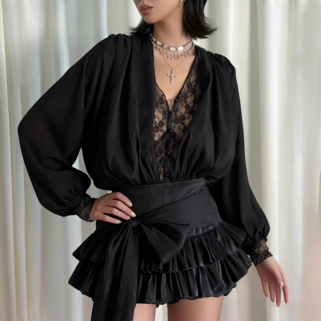 Autumn French Pure Lace Splicing V-Neck Long Sleeve Dress