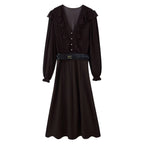 V-Neck Belted Long-Sleeve Ruffle A-Line Maxi Dress