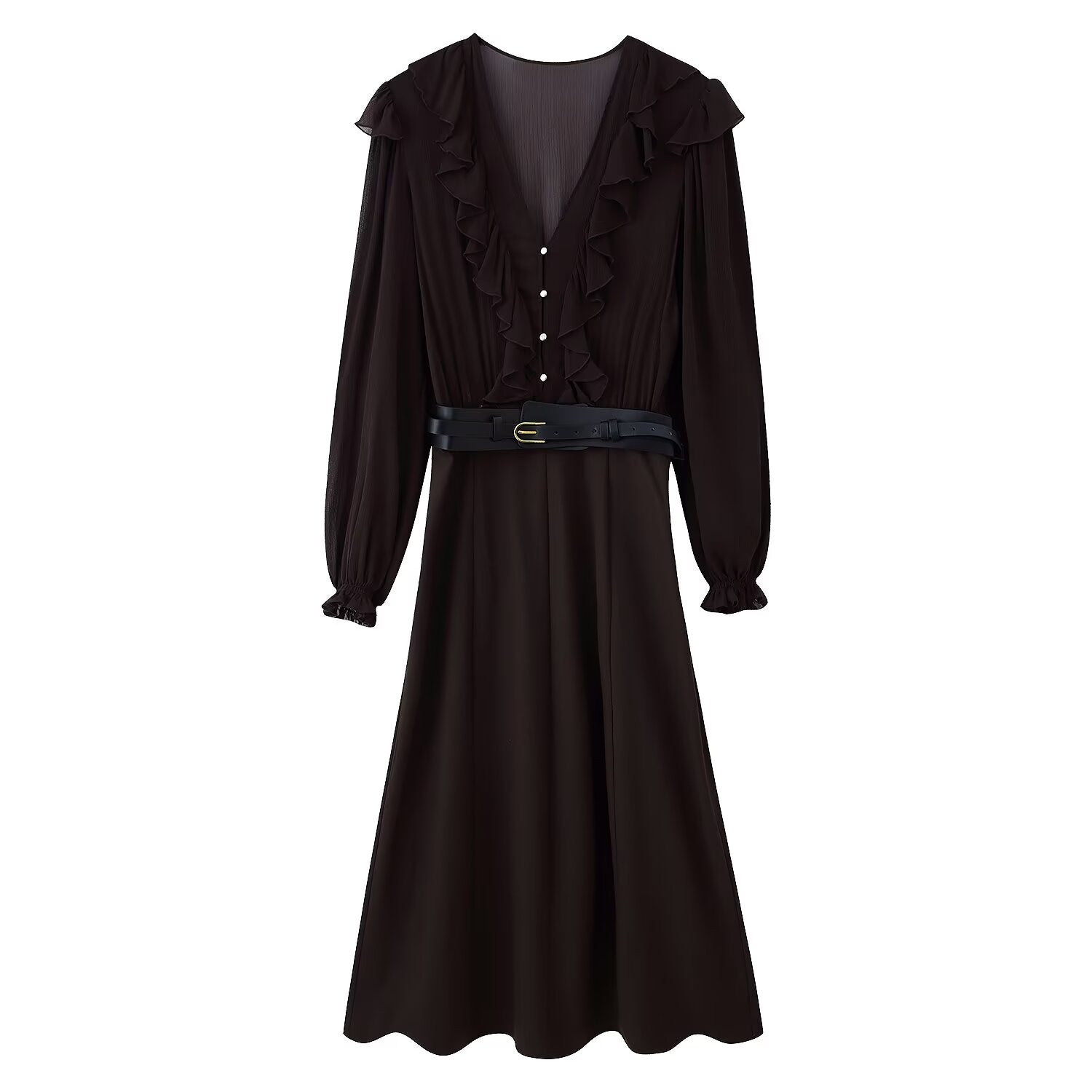 V-Neck Belted Long-Sleeve Ruffle A-Line Maxi Dress