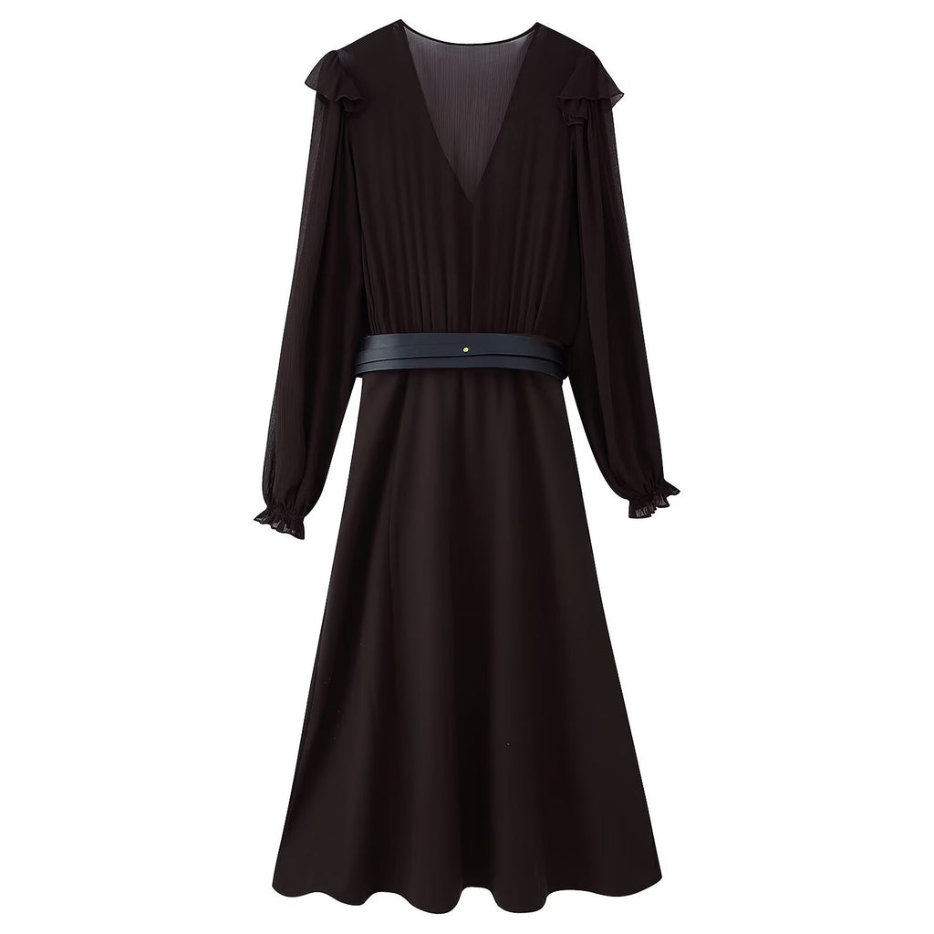 V-Neck Belted Long-Sleeve Ruffle A-Line Maxi Dress