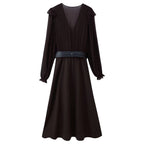 V-Neck Belted Long-Sleeve Ruffle A-Line Maxi Dress