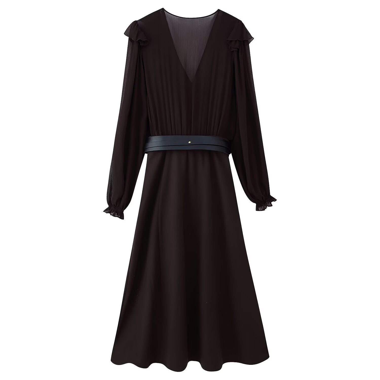 V-Neck Belted Long-Sleeve Ruffle A-Line Maxi Dress
