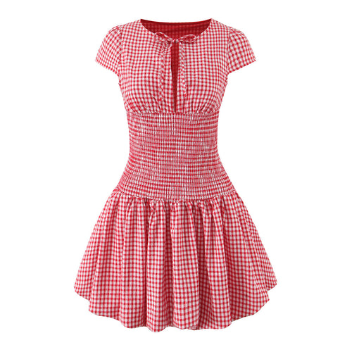 Red Plaid Dress Sweet Cute Waist Bud Flying Sleeve Short