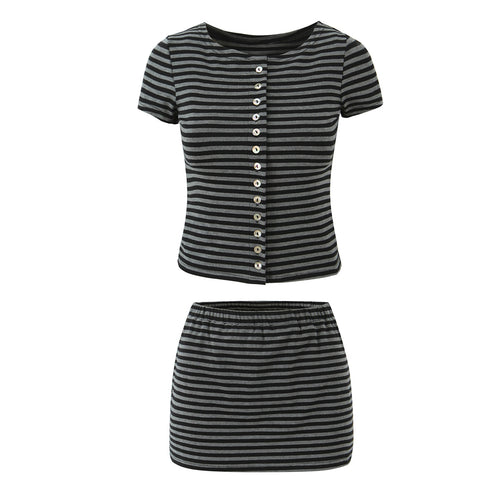 Women Slim Fit Short Sleeved Knitted Top Striped Knitted Overskirt