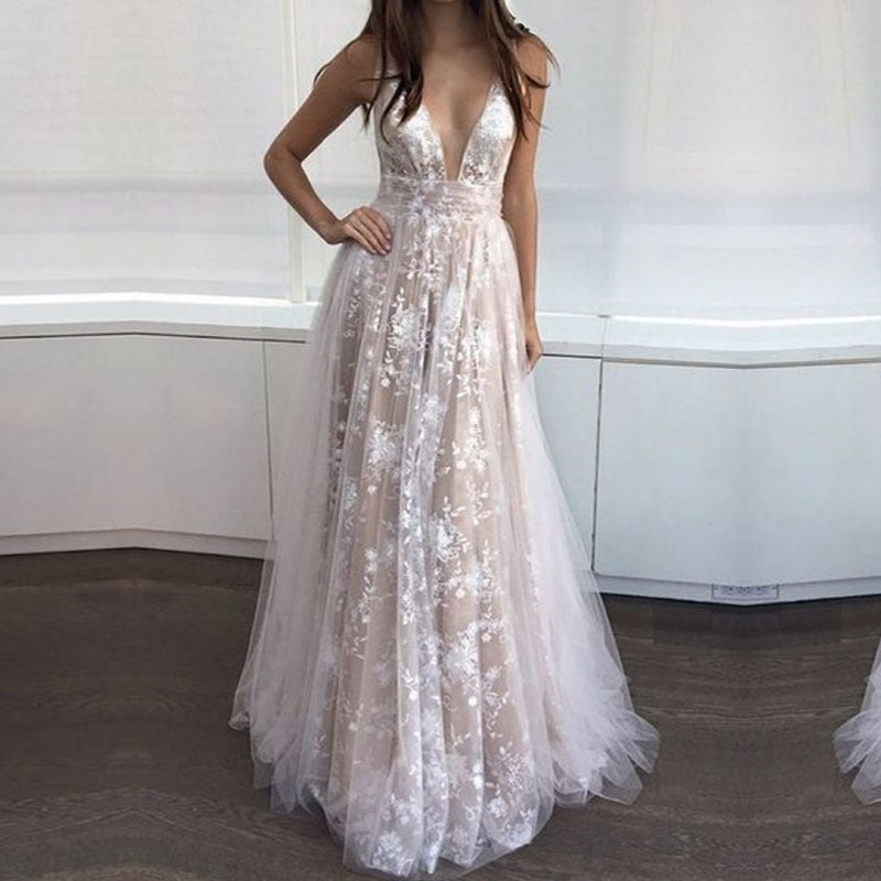 Women's Deep V Lace Embroidered Backless Evening Maxi Dress