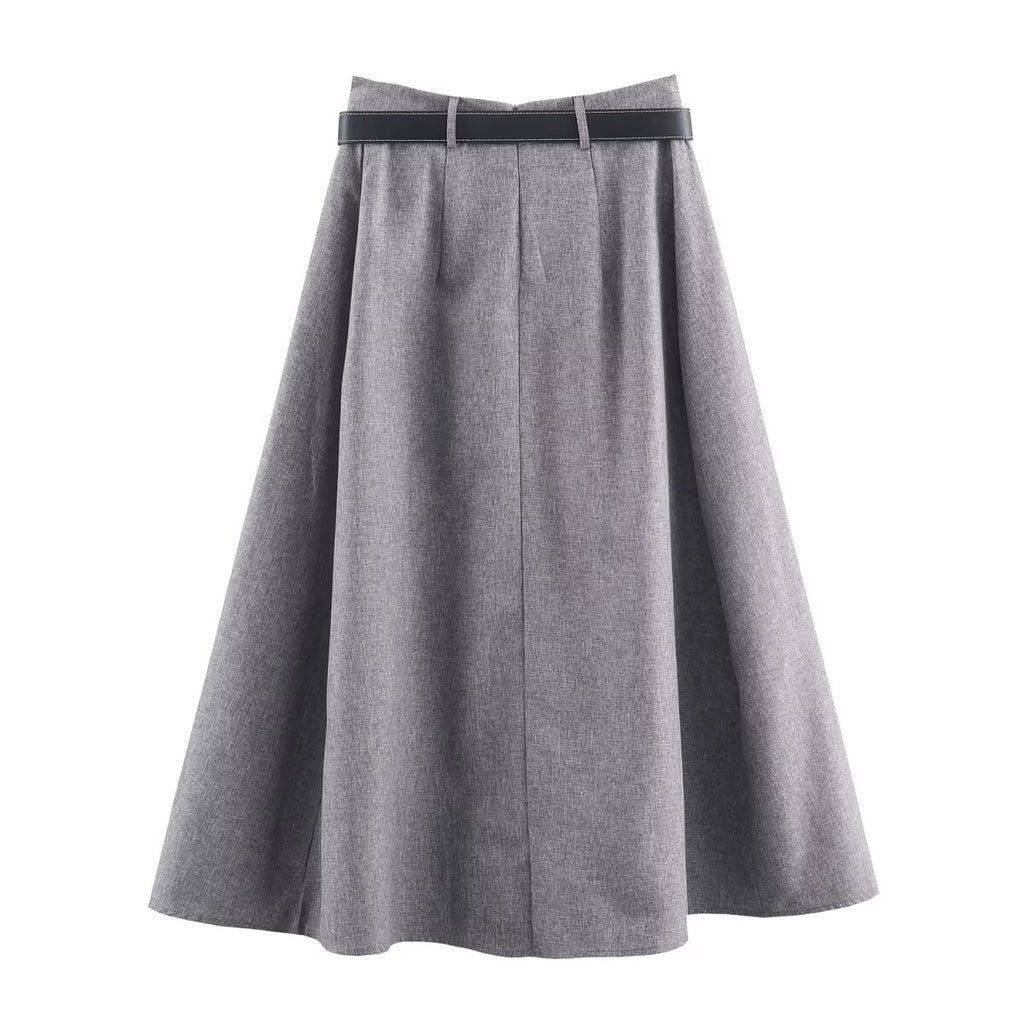 Women's Autumn Herringbone Pattern Belt Blazer and Skirt Two-Piece Set