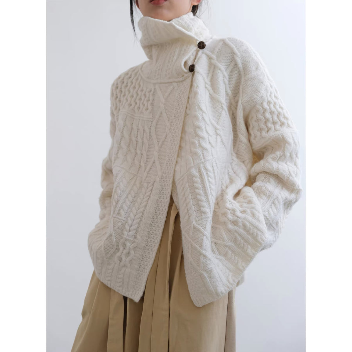 Women's Autumn Winter Retro Twist Asymmetric Collared Cardigan