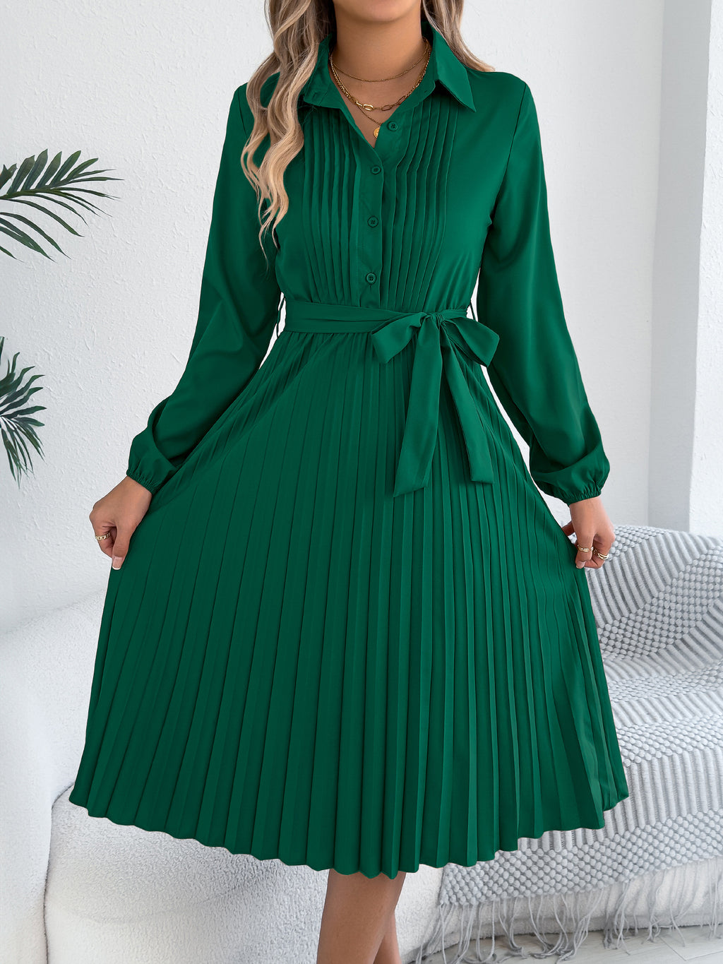 Spring Summer Elegant Solid Color Collared Long Sleeve Cinched Pleated Dress