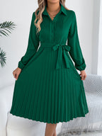 Spring Summer Elegant Solid Color Collared Long Sleeve Cinched Pleated Dress