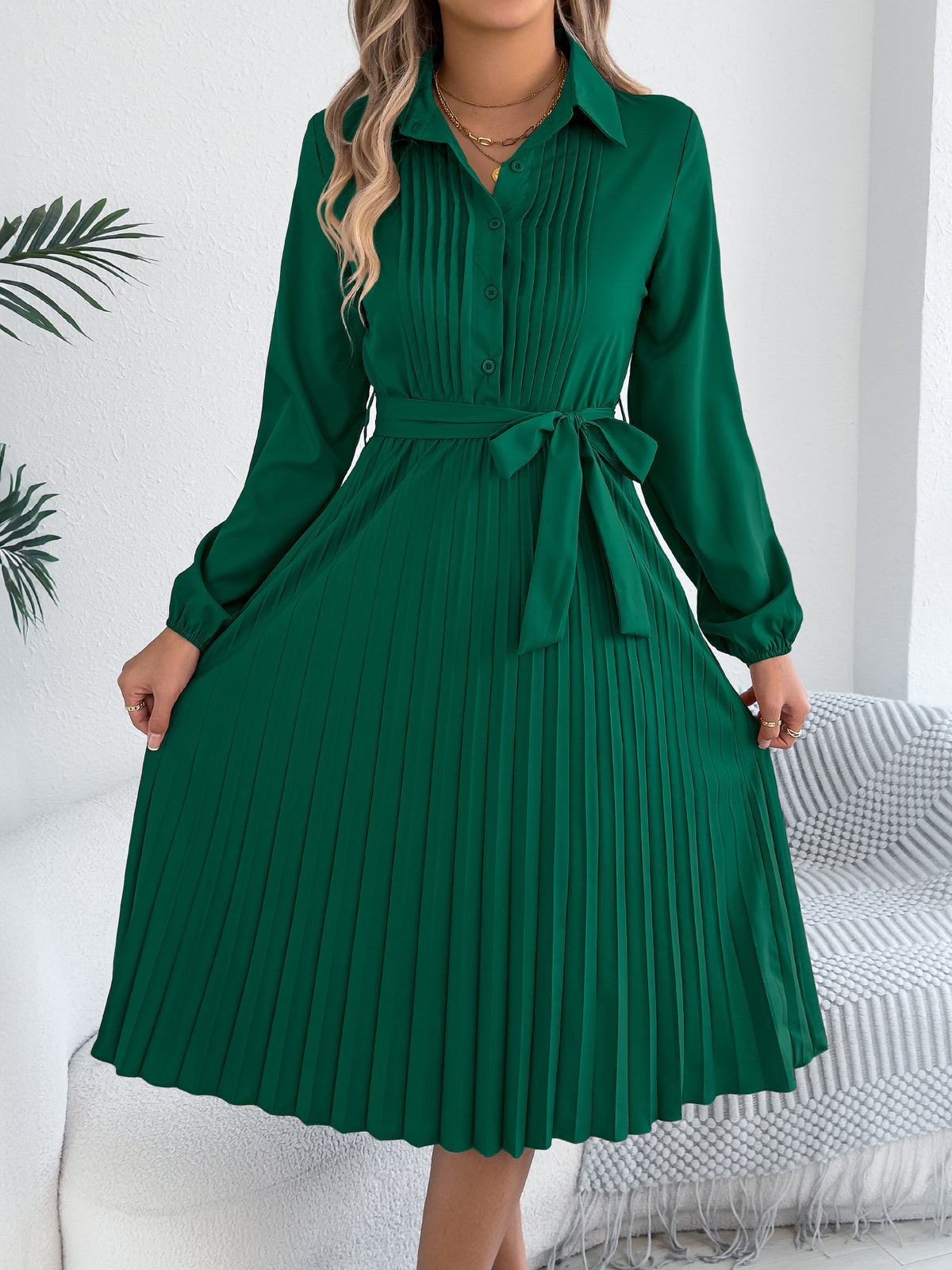 Spring Summer Elegant Solid Color Collared Long Sleeve Cinched Pleated Dress