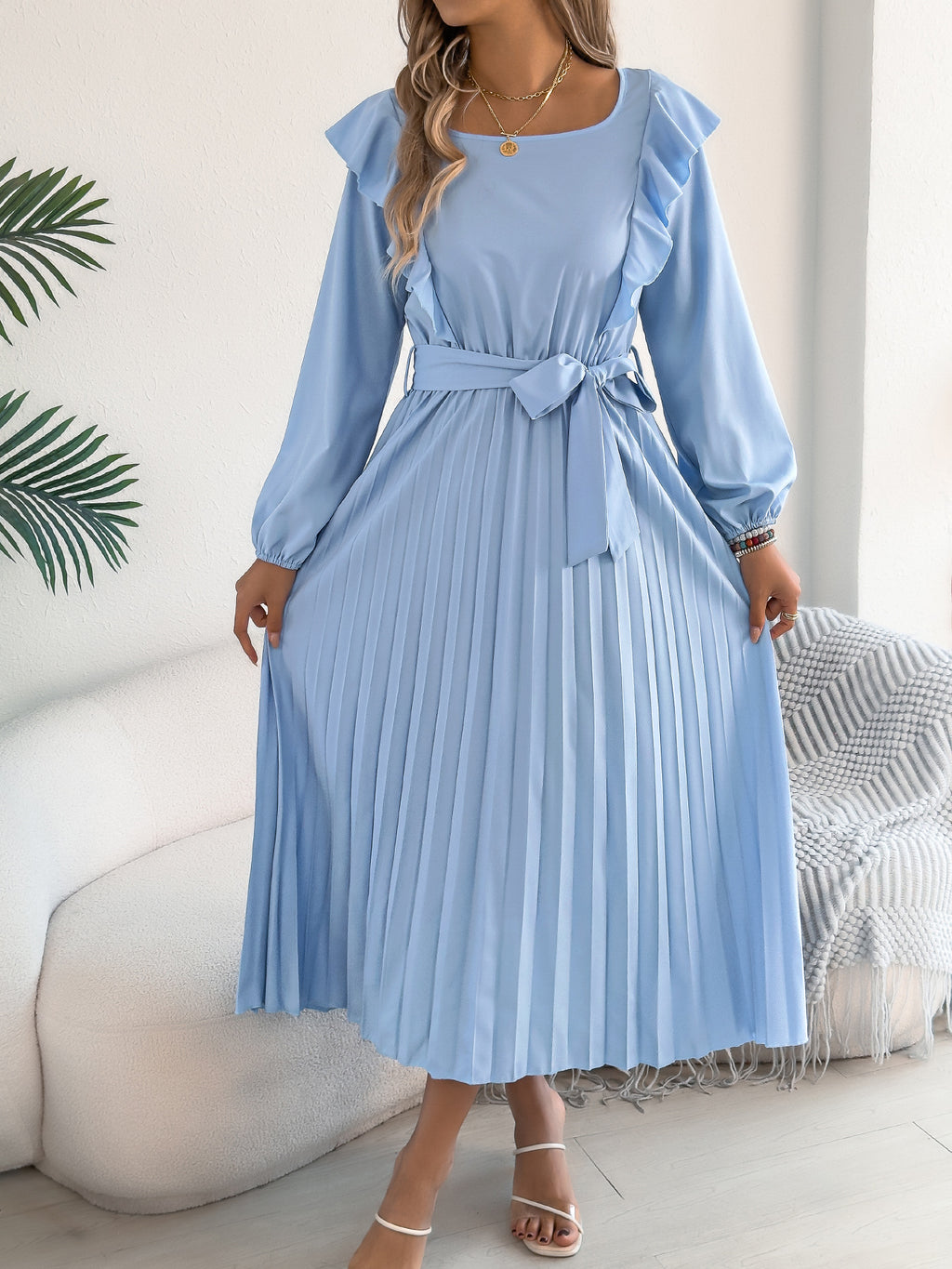 Spring Summer Elegant Ruffled Square Collar Long Sleeve Cinched Pleated Dr
