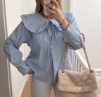 Women's Wooden Ear Striped Shirt Doll Collar Elegant