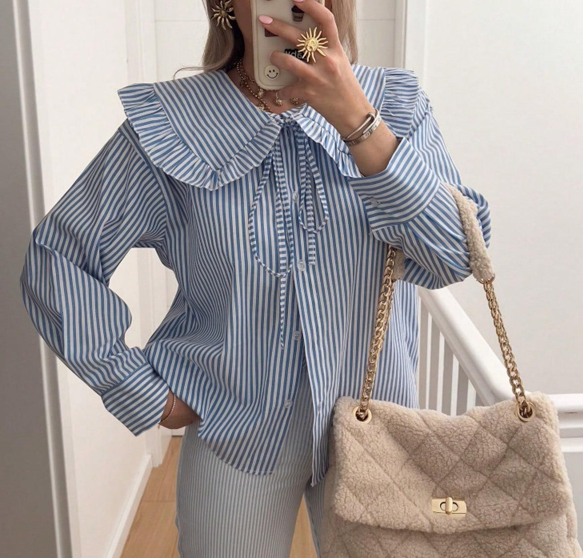 Women's Wooden Ear Striped Shirt Doll Collar Elegant