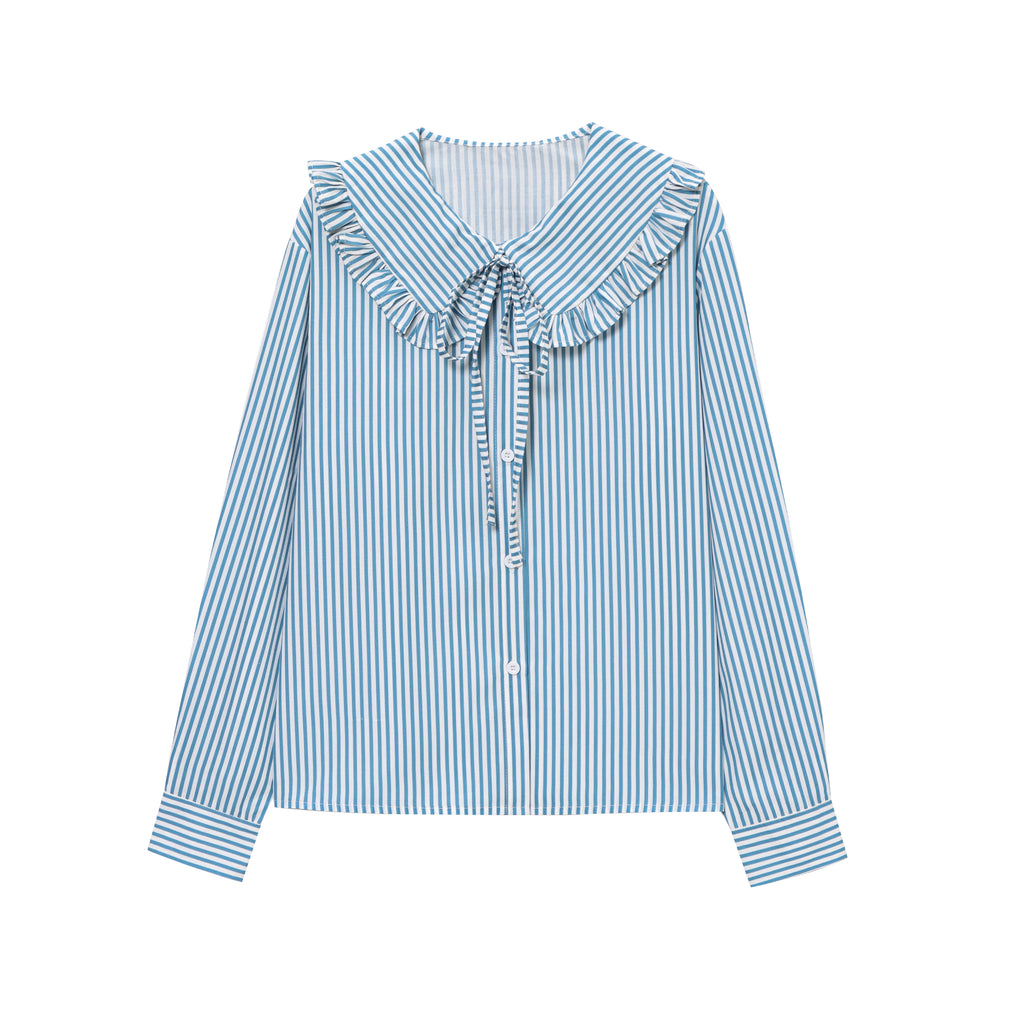 Women's Wooden Ear Striped Shirt Doll Collar Elegant