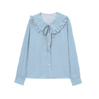 Women's Wooden Ear Striped Shirt Doll Collar Elegant