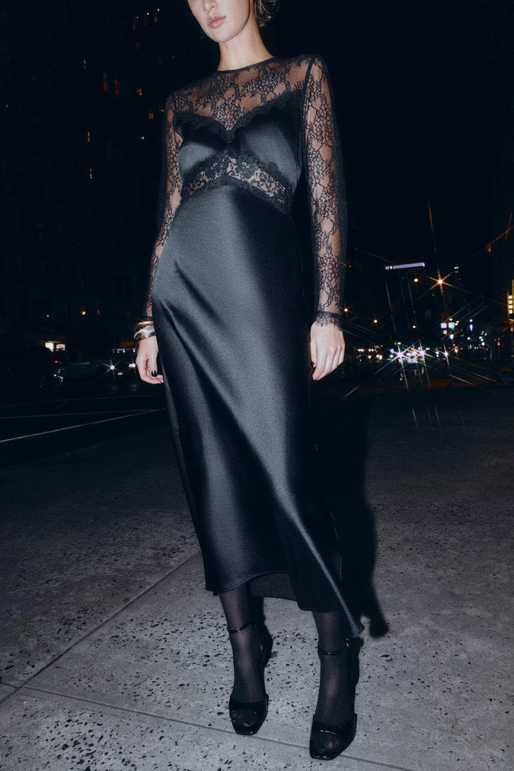Women's Crew-Neck Lace Patchwork Long-Sleeve Dress