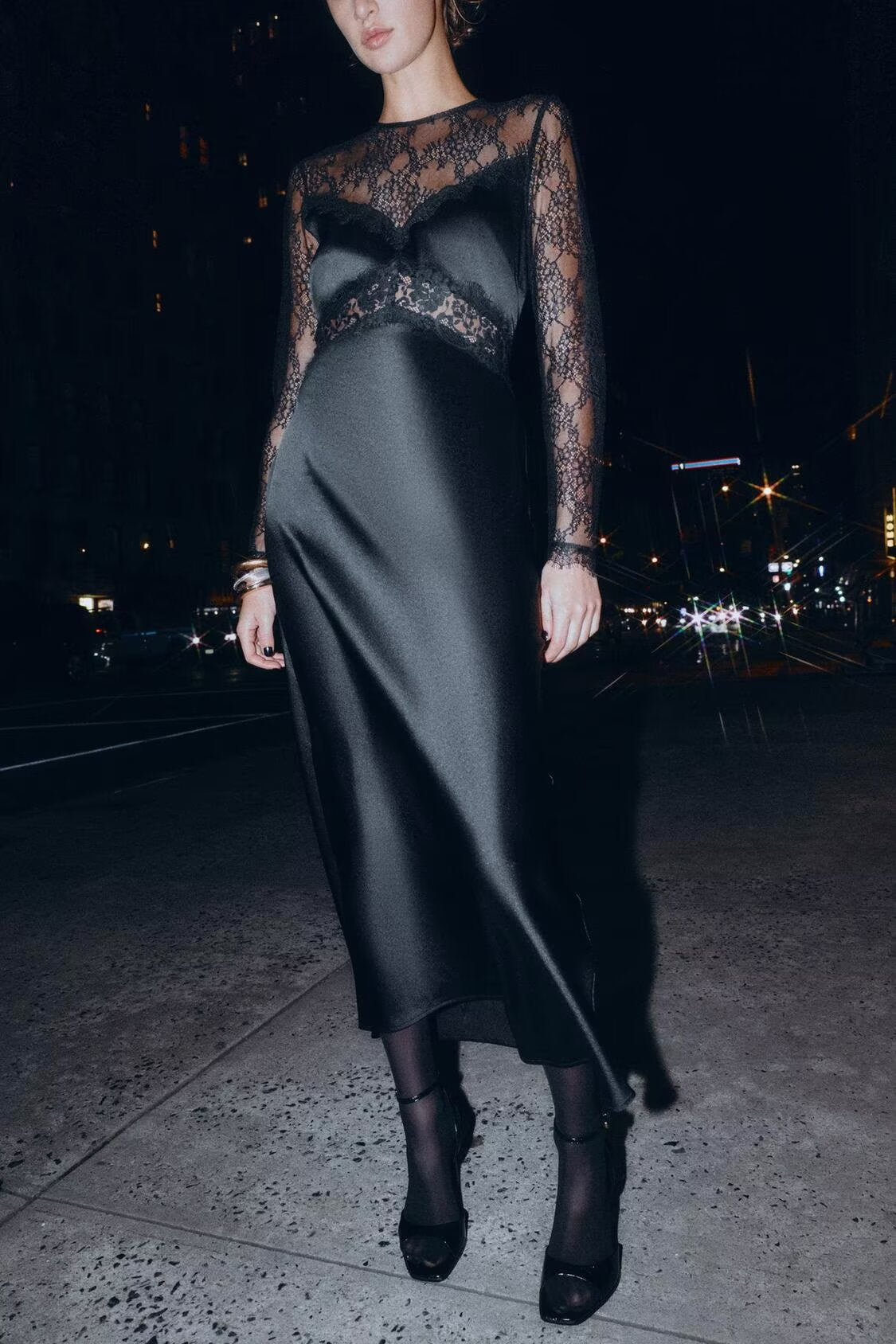 Women's Crew-Neck Lace Patchwork Long-Sleeve Dress