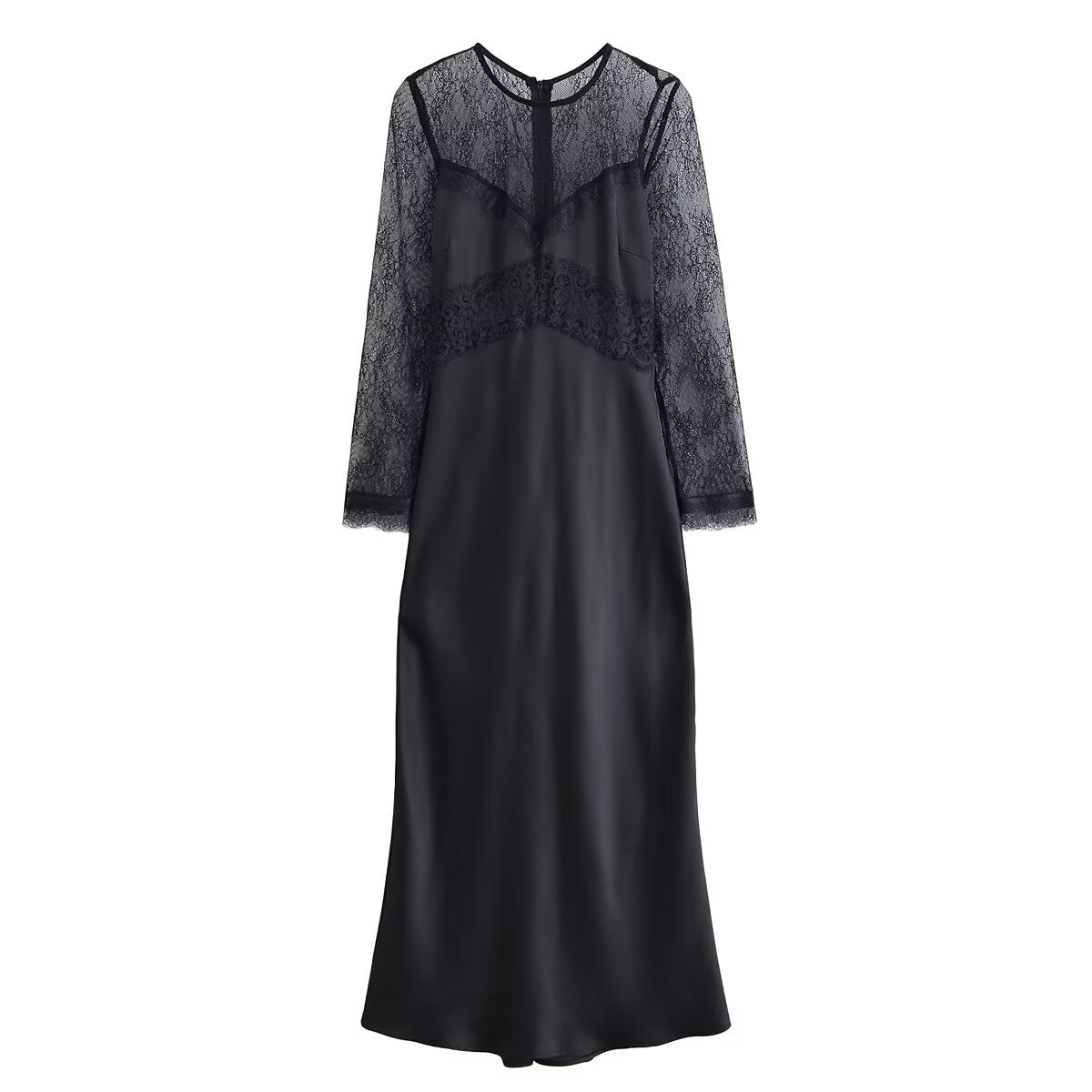 Women's Crew-Neck Lace Patchwork Long-Sleeve Dress