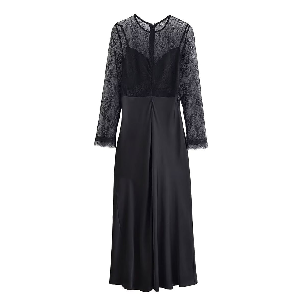 Women's Crew-Neck Lace Patchwork Long-Sleeve Dress