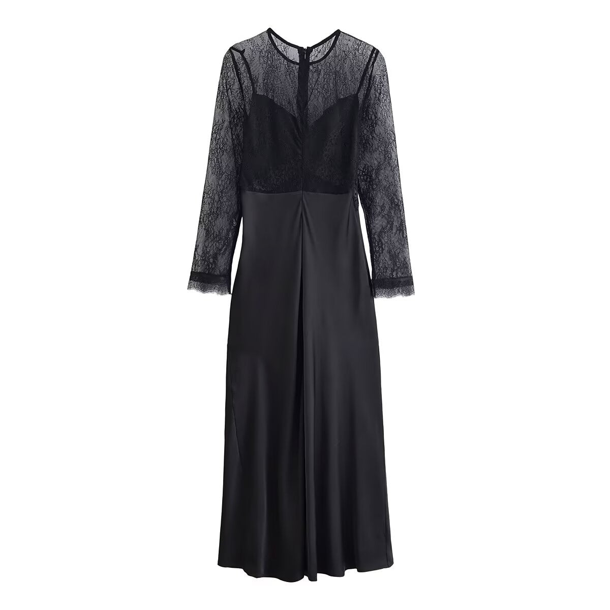 Women's Crew-Neck Lace Patchwork Long-Sleeve Dress