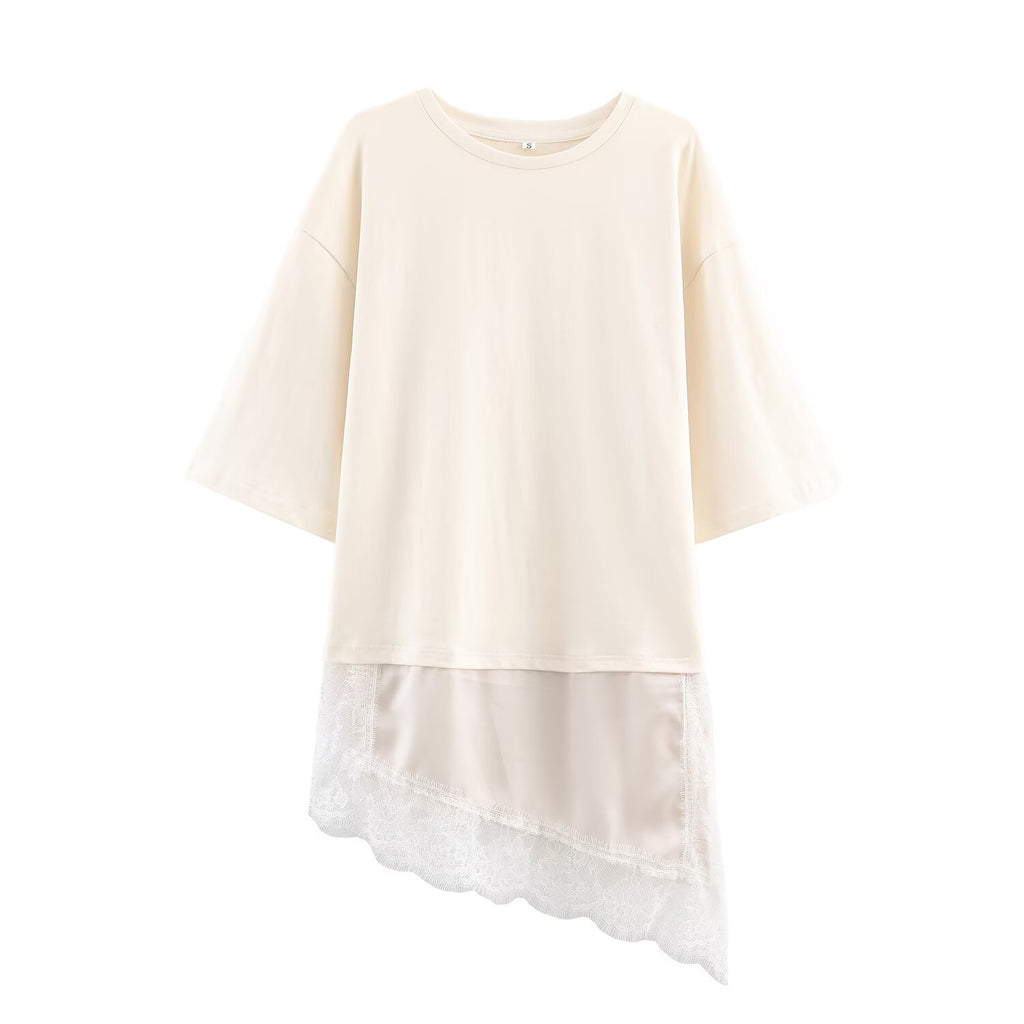 Women's Autumn Women Clothing Round Neck Short Sleeve Stitching Lace T Shirt