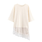 Women's Autumn Women Clothing Round Neck Short Sleeve Stitching Lace T Shirt