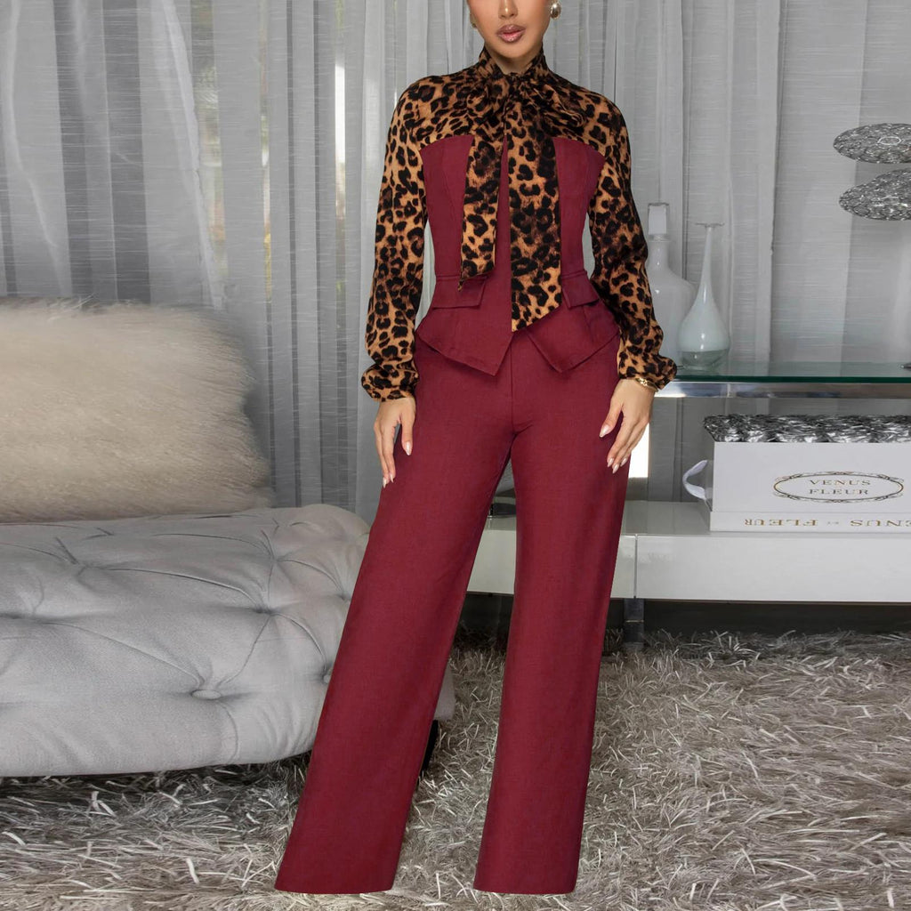 Autumn Leopard Print Collar Shirt Casual Set