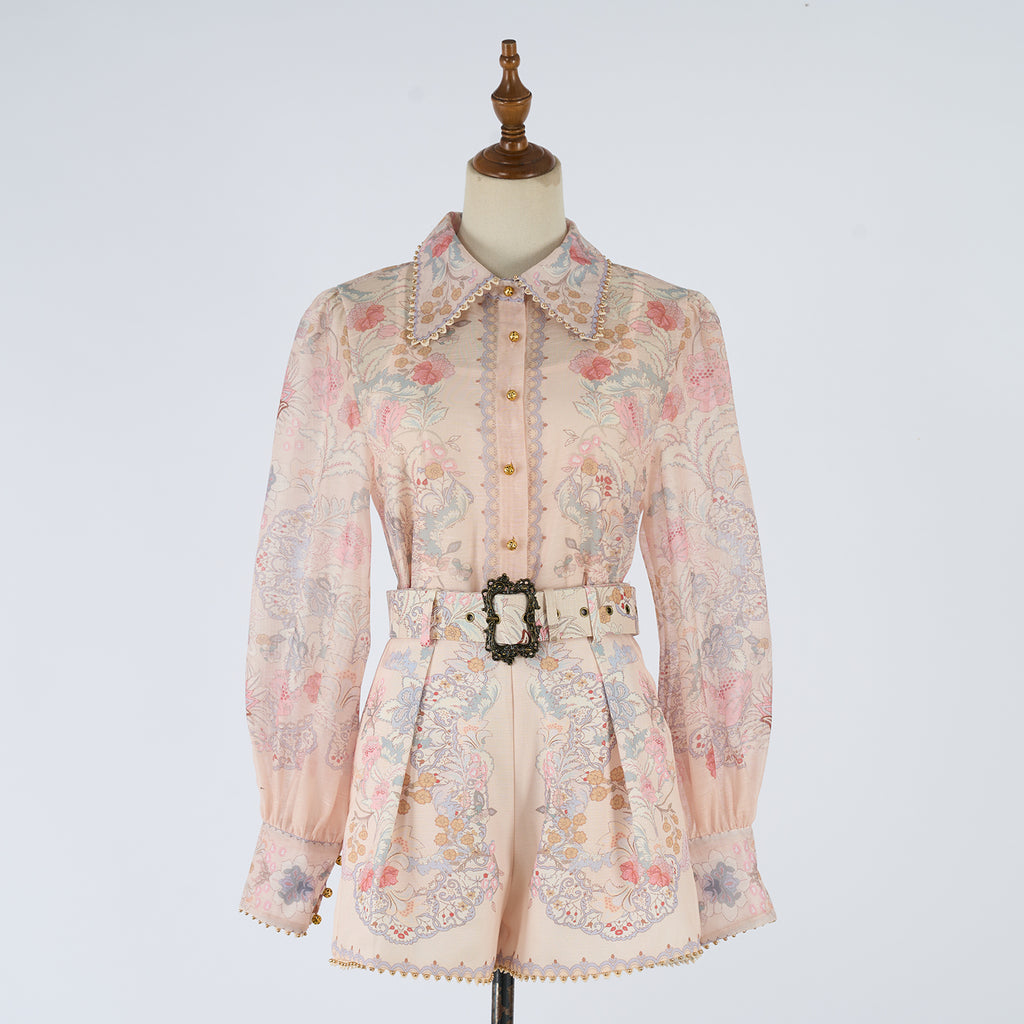 Women's Slimming And Figure Enhancing Beaded Lapel Long-Sleeve Printed Blouse And Short Pants