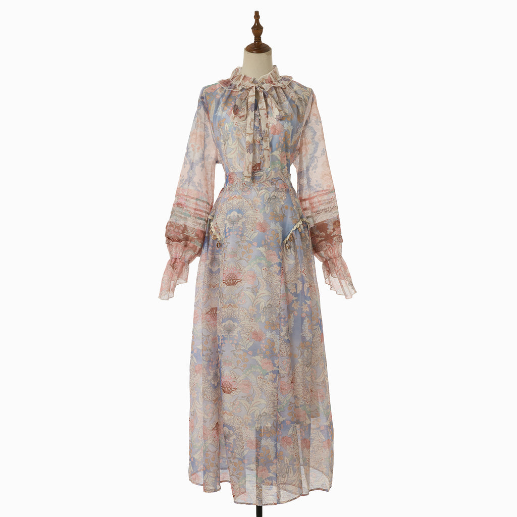 Women's Printed Tie-Neck Long-Sleeve Top & Maxi Skirt Set
