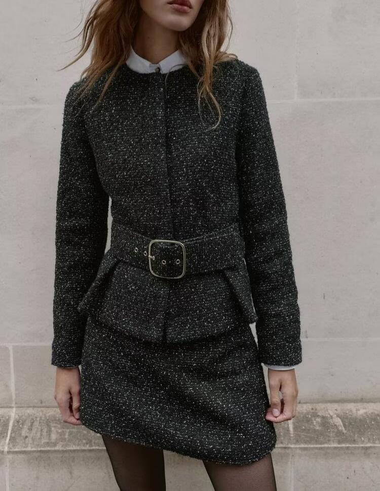 Women's Early Autumn Black White Jacket and Skirt Two-Piece Set
