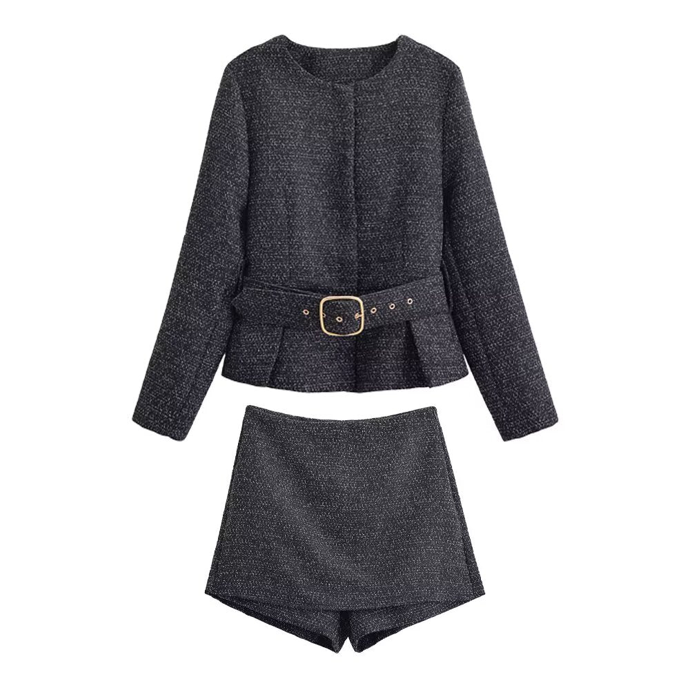 Women's Early Autumn Black White Jacket and Skirt Two-Piece Set
